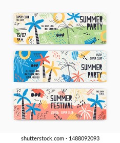 Collection of web banner templates decorated by exotic palm trees, stains, blots and scribble for summer dance party. Modern vector illustration for summertime event announcement, advertisement.