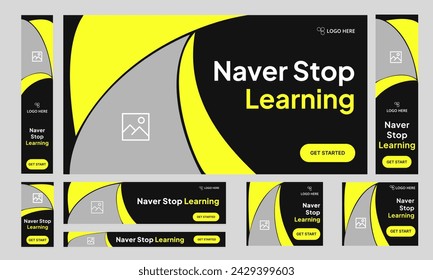 Collection of web banner templates with an educational theme for social media postings, including banners for studies and scholarships that are completely editable in vector eps 10 format.