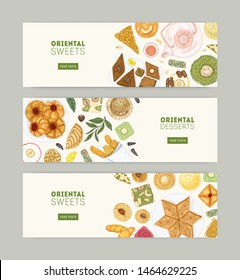 Collection of web banner templates with oriental sweets on plates and place for text. Traditional pastry food, delicious confections on white background. Hand drawn realistic vector illustration.
