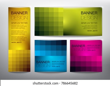 Collection of web banners in 4 different colors and square pattern design. Transparent and isolated on the light background. Each item contains space for own text. Vector illustration. Eps10.
