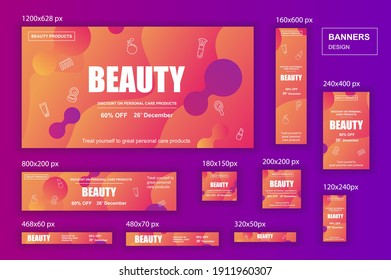Collection web banners different sizes for mobile and social networks, poster, shopping ads, marketing material. Bundle banners for product promotion, beauty and cosmetics, fashion, natural product.
