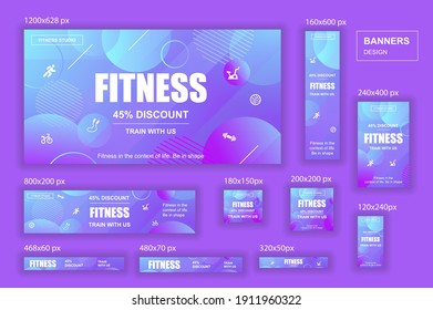 Collection web banners different sizes for mobile and social networks, poster, shopping ads, marketing material. Bundle banners for product promotion, fitness club, GYM, energetic fit training.