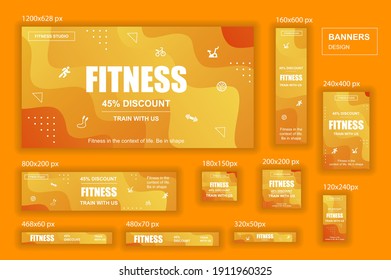 Collection web banners different sizes for mobile and social networks, poster, shopping ads, marketing material. Bundle banners for product promotion, fitness club, GYM, energetic fit training.
