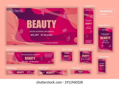 Collection web banners different sizes for mobile and social networks, poster, shopping ads, marketing material. Bundle banners for product promotion, beauty and cosmetics, fashion, natural product.