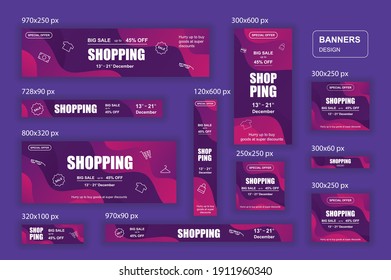 Collection web banners different sizes for mobile and social networks, poster, shopping ads, marketing material. Bundle banners for product promotion, online shopping, e-commerce, sale discount.