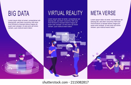 Collection of web banners with people in VR headset, working and communicate. Concept of virtual or augmented reality, interactive experience. Modern flat vector illustration.