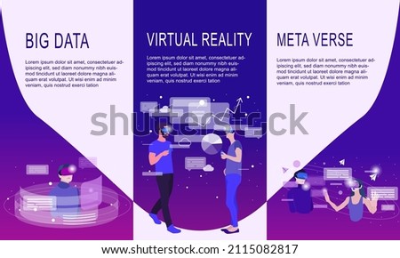Collection of web banners with people in VR headset, working and communicate. Concept of virtual or augmented reality, interactive experience. Modern flat vector illustration.