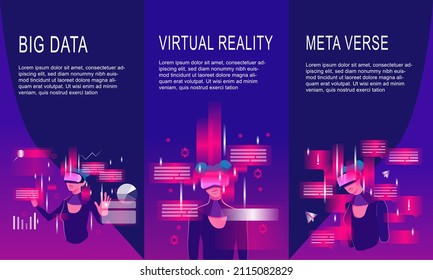 Collection of web banners with woman in VR headset exploring digital interface. Concept of virtual or augmented reality, interactive experience. Modern flat vector illustration.