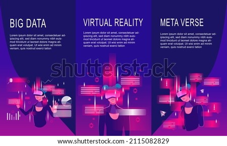 Collection of web banners with woman in VR headset exploring digital interface. Concept of virtual or augmented reality, interactive experience. Modern flat vector illustration.