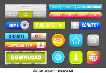 Collection of Web Buttons, Elements Set. Vector Templates, banners and labels, media, ribbons icons for website or app, navigation menu bars.