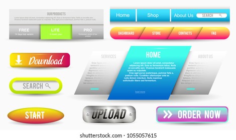 Collection of Web Buttons, Elements Set. Vector Templates, banners and labels, media, ribbons icons for website or app, navigation menu bars.