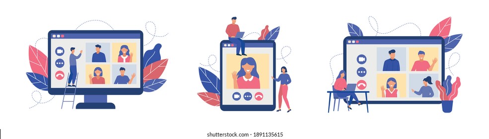 Collection of web conference. People taking with colleague on computer digital tablet and tv screen. Cartoon character flat vector illustration.