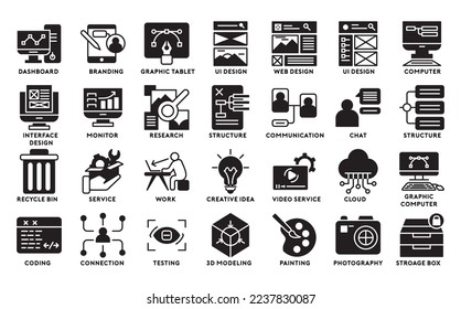 Colección de iconos de desarrollo web (glifo). Incluye iconos como diseño, programador, codificación, contenido y más.