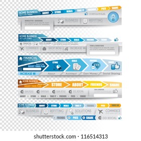 Collection of web elements, menu item, carousel, icons, ribbons, template for headers, footers,bar, side bar and so on. All in blue tones.