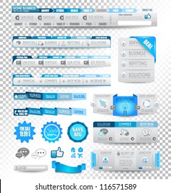 Collection of web elements, menu item, carousel, icons, ribbons, template for headers, footers,bar, side bar and so on. All in blue tones.