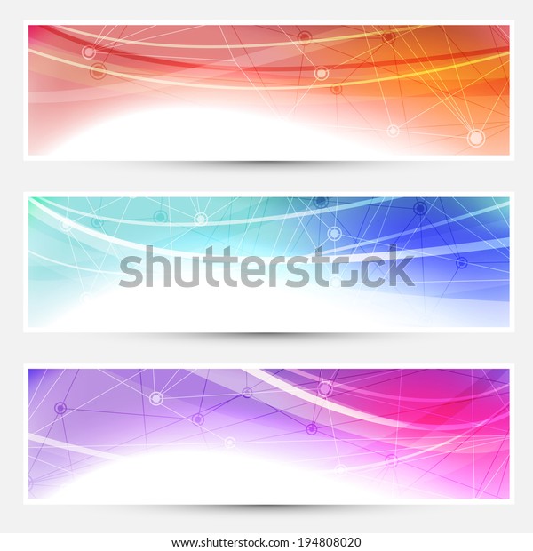 Collection web headers\
footers illustrating connection molecular medical concept. Vector\
illustration