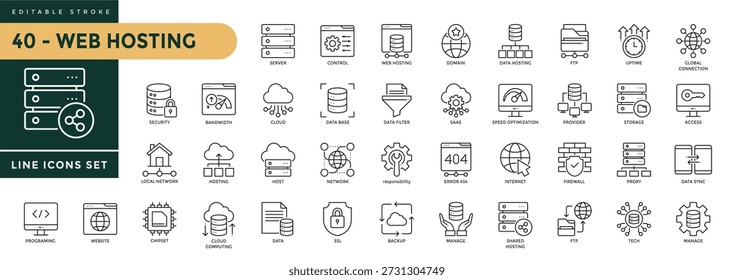 A collection of Web Hosting icons set with editable stroke, including server, control, domain, data, ftp, uptime, globalconnection, access, proxy, manage, host, chipse. Thin linear vector illustration