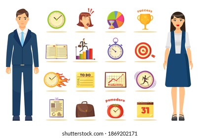 Collection of web icons with businesspeople. Productivity, to do list, target, hard working, attention, deadline, effective planning, time management icons. Ways for increase work productivity