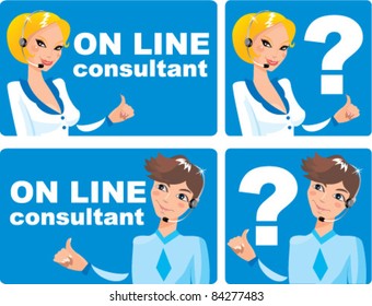 collection of web icons and buttons - on line consultant - man and woman