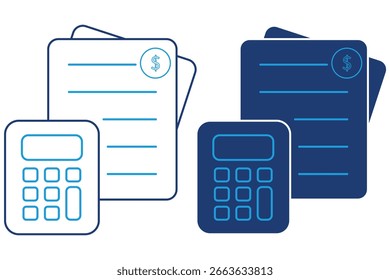 Sammlung von Web-Icons, die Dokumente darstellen, ein Rechner für die Finanz- und Datenanalyse. Symbol-Piktogramm für Budget. Strichdesigns. Rechnerzeilensymbol eps 10