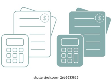 Collection of web icons depicting documents, a calculator for financial and data analysis. Budget icon symbol pictogram. stroke designs. calculator line icon eps 10