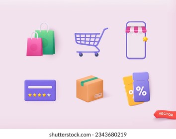 Collection of web icons for online store. Basket, delivery, gift, promotion, payment, card, bonus, discounts. 3D Web Vector Illustrations.