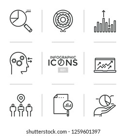 Collection of web linear icons or symbols - company's growth, progressive development, strategic planning, business indicators. Modern vector illustration for presentation, website, brochure.