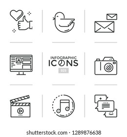 Collection of web linear icons or symbols - social media, networks, internet blogging and vlogging, online communication, web podcasts. Vector illustration for presentation, website, brochure.