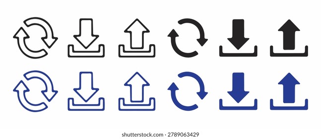 Collection of web navigation icons. Black and blue arrow symbols. Sync and data transfer signs. Minimalist UI elements.