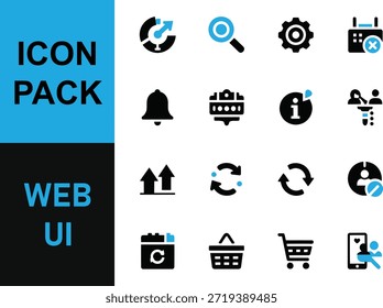 Colección de iconos de interfaz de usuario de Web en negro y azul sobre un fondo blanco y azul, incluidos los símbolos para Configuraciones, notificaciones y compras.