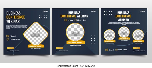 Colección de publicaciones en redes sociales de Webinar. Banner moderno de fondo azul oscuro y acentos amarillos. Adecuado para seminarios web de negocios, anuncios de conferencias y seminarios en línea. Diseño de vectores aislado