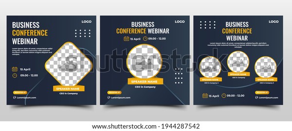 Collection of Webinar social media post. Modern\
banner with dark blue background and yellow accents. Suitable for\
business webinar, conference announcements, and online seminar.\
Vector design\
isolated