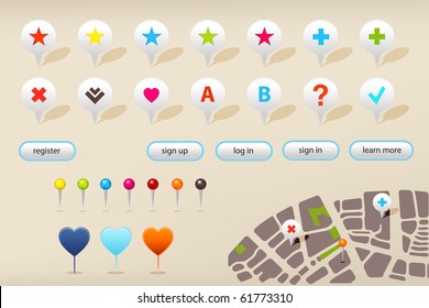 Collection Of Website And GPS Navigation Elements For Your Web Projects, With Pattern Grass, Vector Illustration