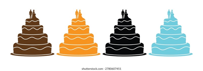 Collection of wedding cake icons in various colors for celebrations and events