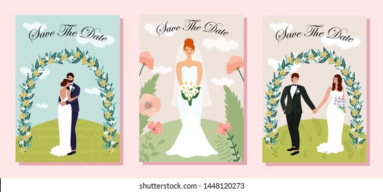 Collection of wedding cards. Wedding couple in love at the ceremony, brides and grooms. Vector illustration. Beautiful template. Can be used for banner, poster, card, postcard and print.
