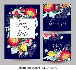 Collection of wedding cards with fantasy flowers