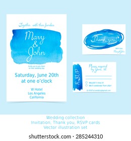 Collection of wedding design cards: invitation, RSVP, thank you. Blue and turquoise watercolor hand painted shapes design element. Marine abstract background for your text. Vector Illustration EPS10.