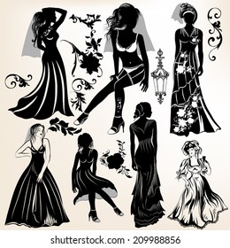 Collection of wedding design elements and girlÃ?Â¢??s silhouettes