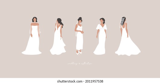 Collection of wedding dresses on models.  Bride's clothes for ceremony, marriage celebration, party dress. Bridal wedding store, boutique, business, invitation, sale, showcase, mannequin, model.