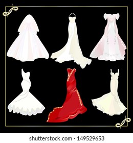 collection of wedding dresseson a black background