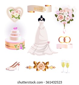 Collection of wedding elements. Wedding attributes and accessories on a white background.