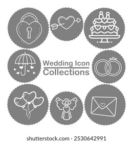 A collection of wedding icons on a gray background featuring a heart lock, arrow through heart, wedding cake, rings, umbrella with hearts, balloons, angel, and an envelope, all within circular borders