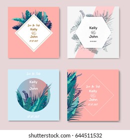 Colección de invenciones de bodas con hojas tropicales de verano de moda. Diseño vectorial. Plantilla de tarjetas