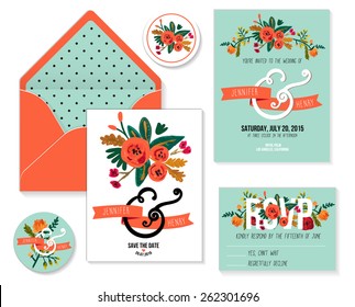 Collection Of Wedding Invitation Card Suite With Romantic Flower. Vector Templates: Invitation, Save The Date Card, RSVP Card And Stickers.
