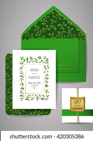 Collection of Wedding invitation card suite with watercolor floral frame. Vector Templates: invitation, save the date card. 