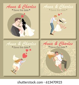 Collection of wedding invitation cards with a cute colorful illustrations of a couple in cartoon style. 