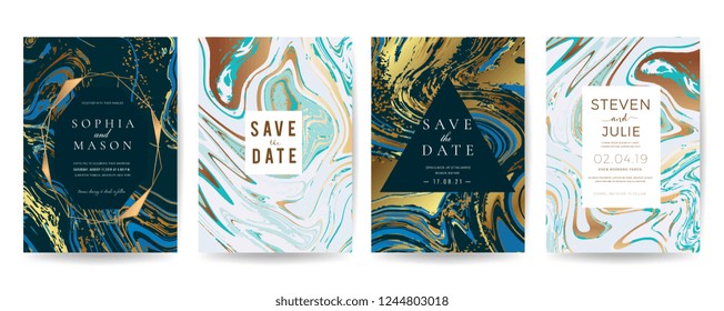Collection of Wedding invitation cards. Design with Liquid marble texture, Golden metallic, Elegant Rustic Swirls of marble and fluid abstract painting art Vector template.
