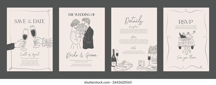Collection of Wedding Invitation Hand drawn sketch Minimalistic Vector Illustration background template of couple wine and just married car
