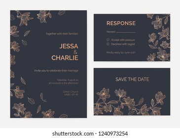 Collection of wedding invitation and response card templates decorated by magnolia tree branches with blooming flowers hand drawn with contour lines on black background. Romantic vector illustration.