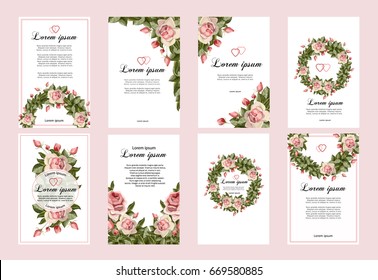 Collection of wedding invitation templates with pink flowers. Wedding, marriage, save the date.Vector illustration